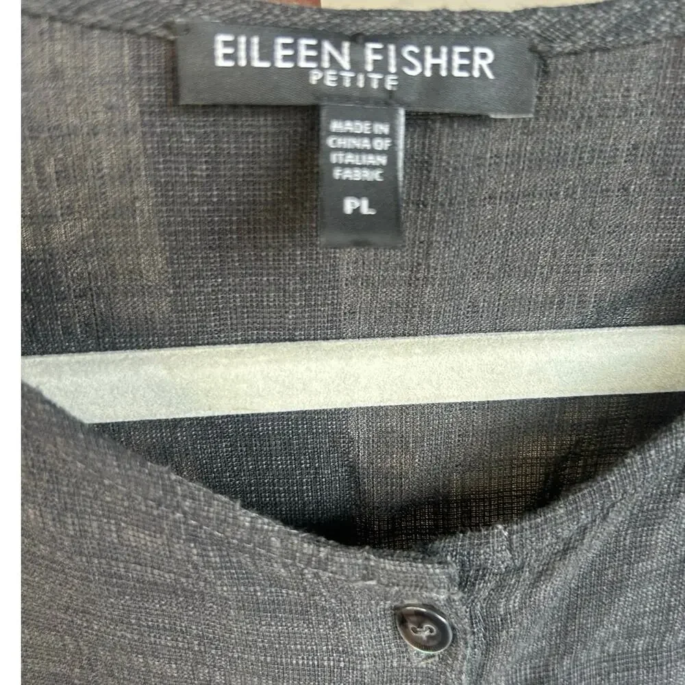 Eileen Fisher Petite Black Button Front Tunic Top PL Long Sleeve Linen Blend - Picture 3 of 4